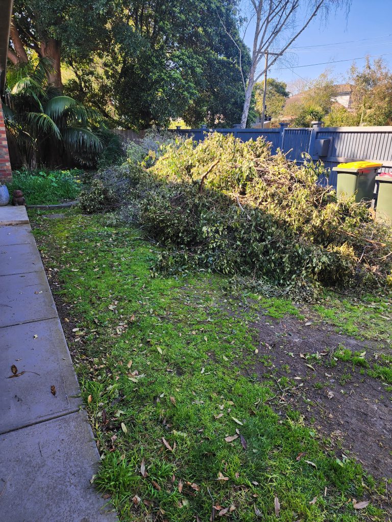 pile of green waste in front yard in Melbourne suburb